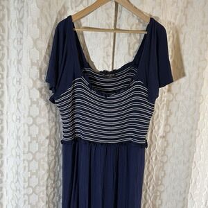 Lane Bryant Navy Short Sleeve Dress Elastic Top Sz 22 24 Maxi Long